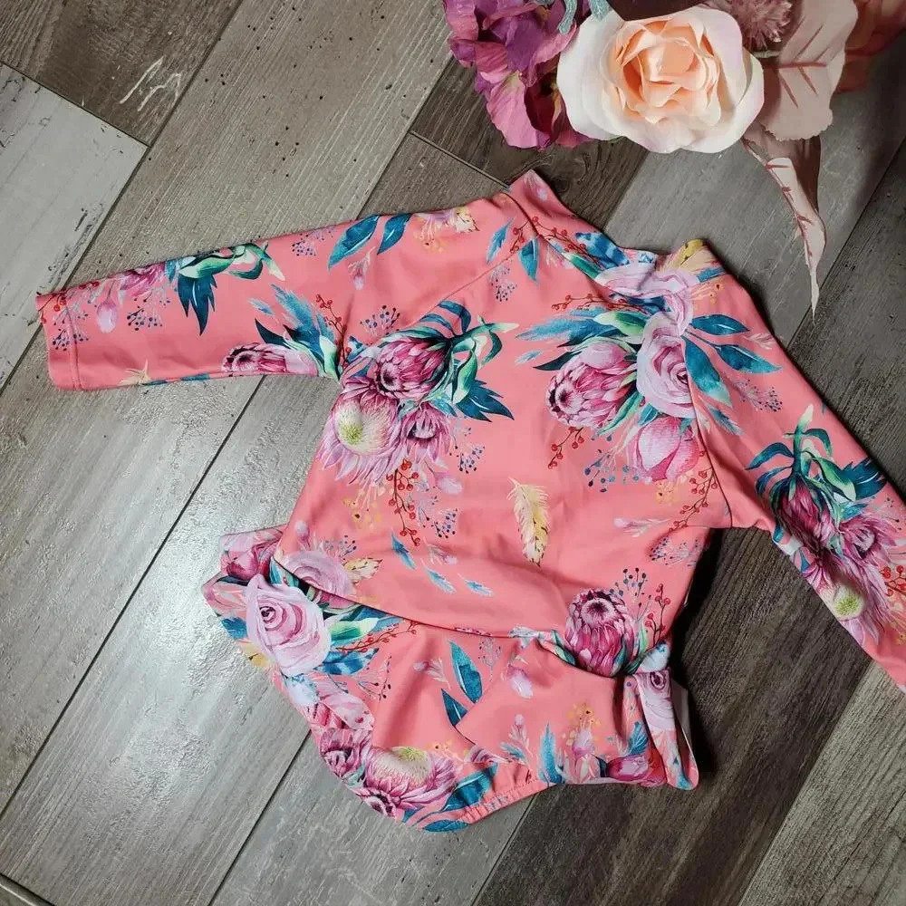 SHEIN Baby Girl Floral Print Raglan Sleeve Peplum One Piece Swimsuit Size 80